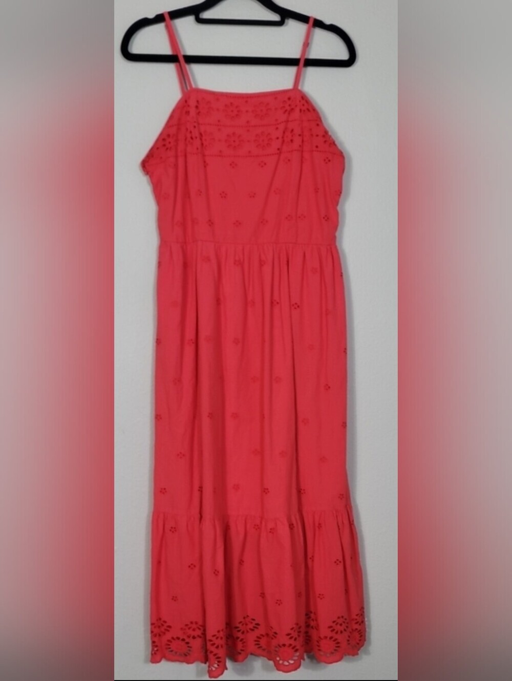 Japna Cotton Eyelet Tiered Maxi Dress Size Large Coral Red Prairie Cottagecore